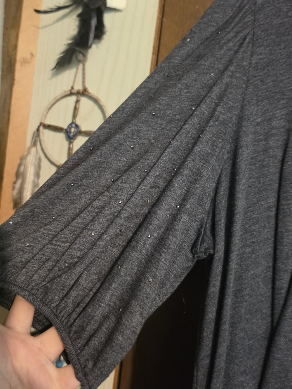 Stretch Knit Puff Glitter Sleeve Top - Dark Gray - Picture 3 of 5